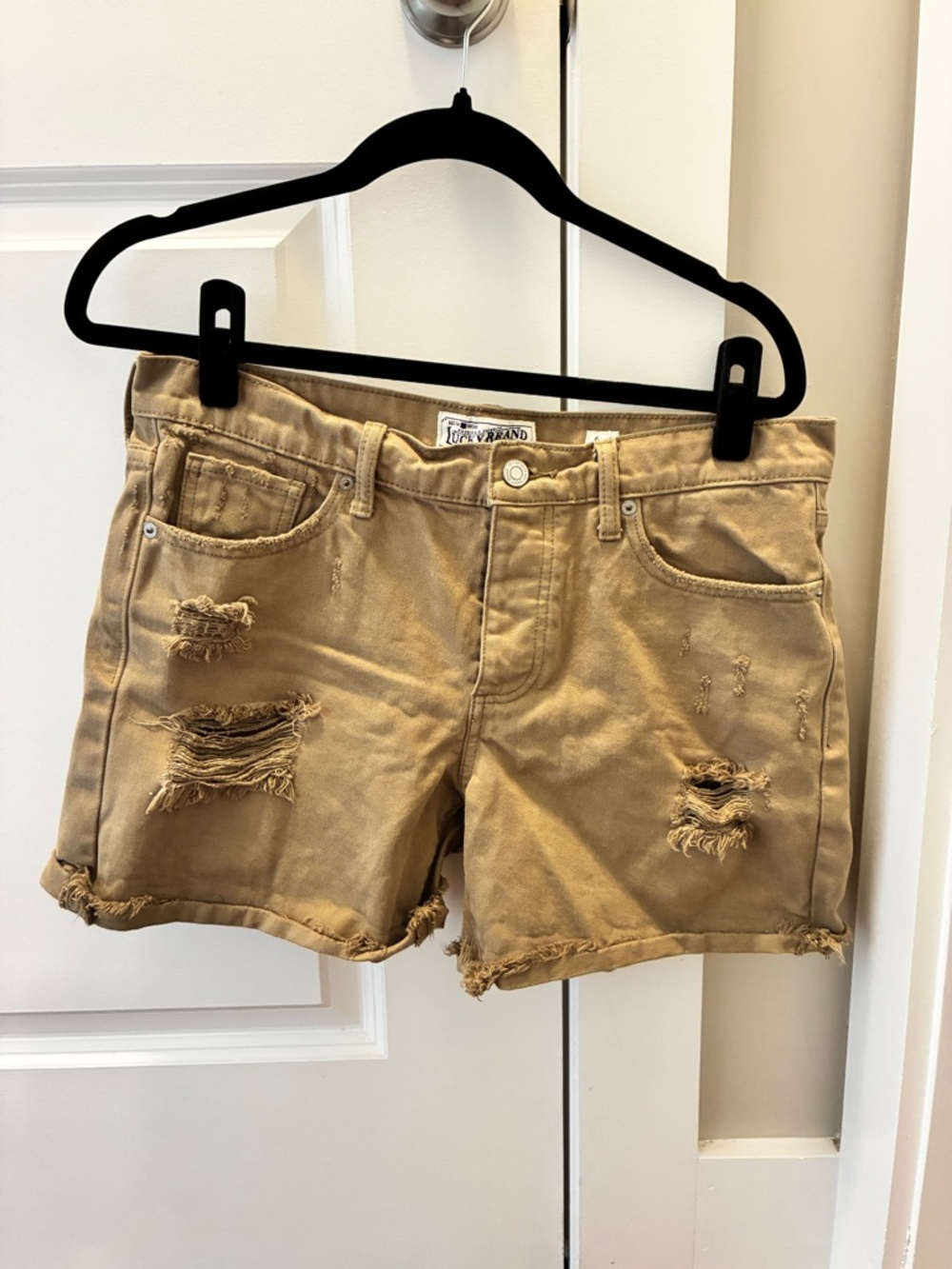 Lucky Brand Boyfriend Shorts Womens 6/28 Distressed Khaki Denim Boho Grunge Y2K